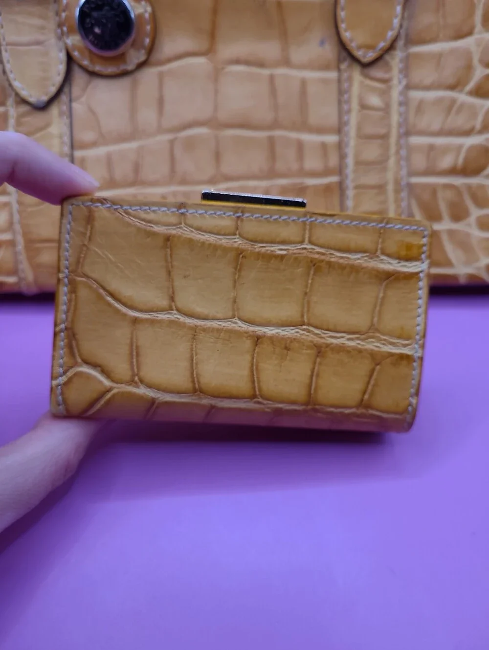 Vintage Dooney & Bourke Yellow Embossed Crocodile Handbag And Coin Purse Nile